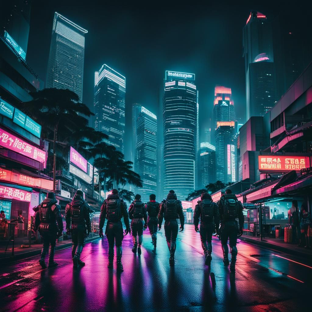 Singapore Cyberpunk Cityscape with Neon Cyborgs
