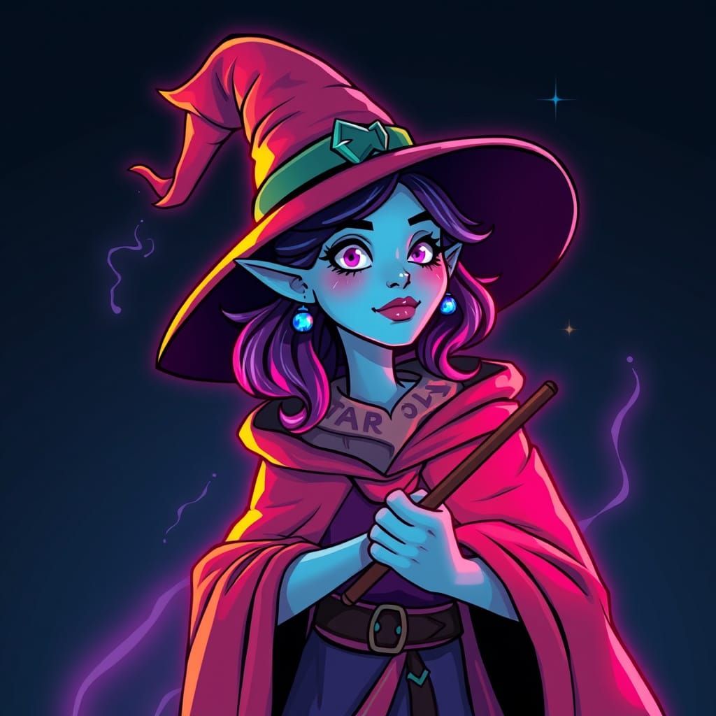 Whimsical Sorceress with Wand in a Digital Art Style