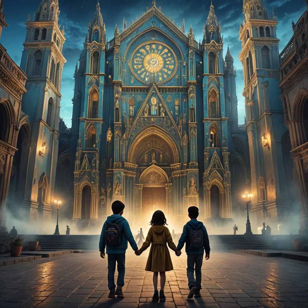 Romantic Cathedral Scene at Night in Illuminated Gothic Styl...