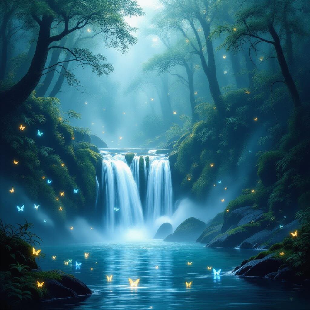Enchanting Waterfall in Luminous Fog with Glowing Butterflie...