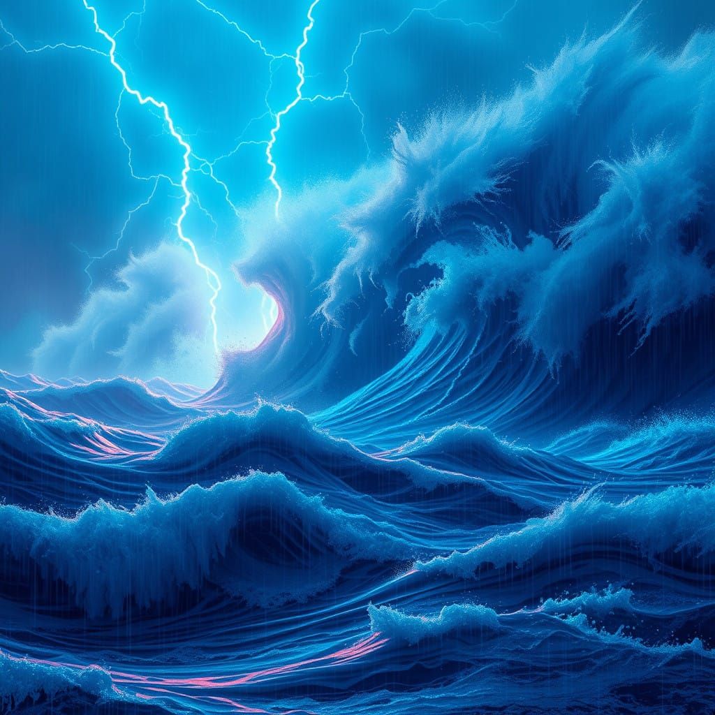 Cyberpunk Ocean Stormscape in Electric Blue Neon