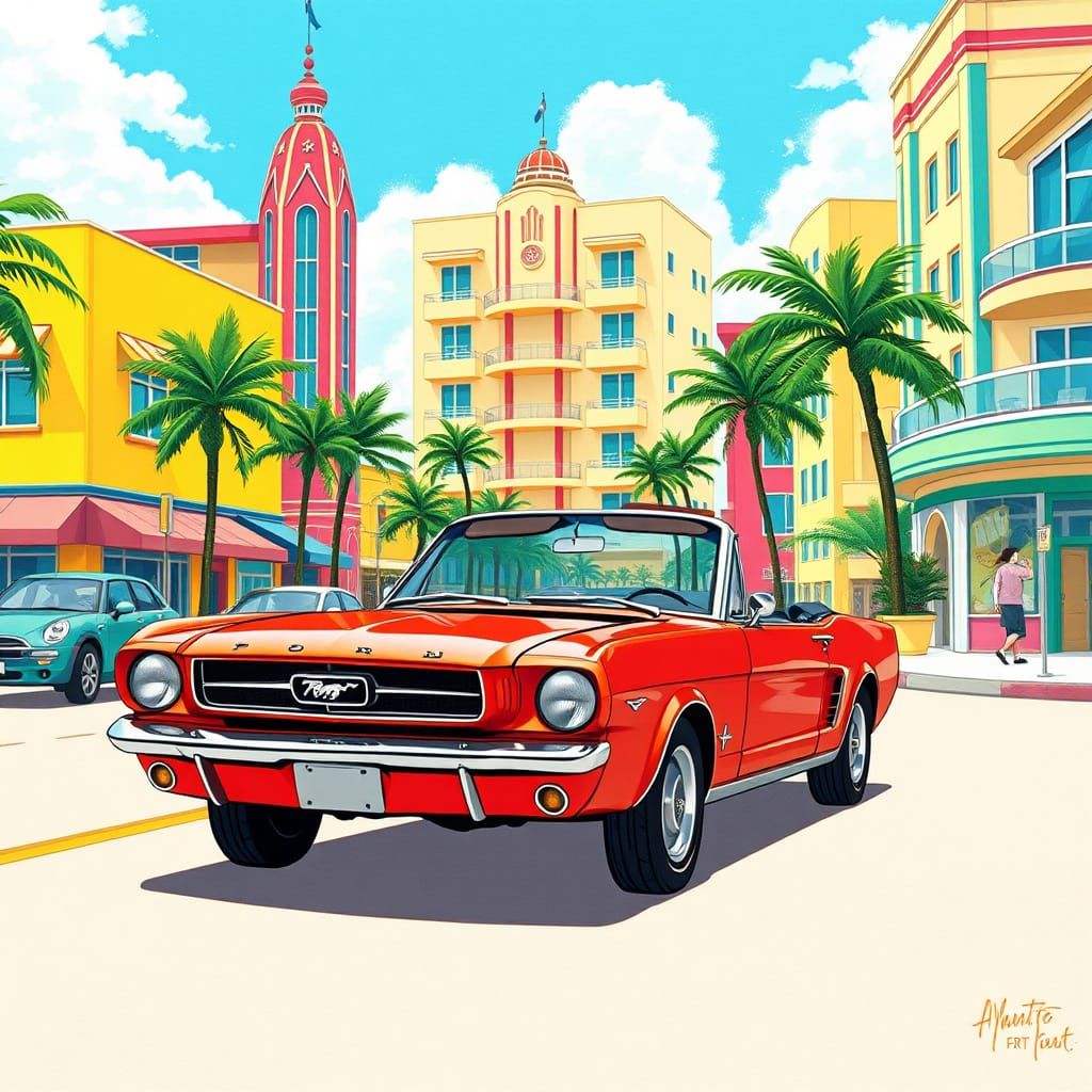 Ford Mustang on Ocean Drive in Anime Style