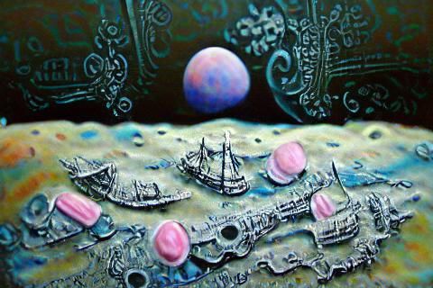 Pastel gothic pirate ships sailing across the moons surface