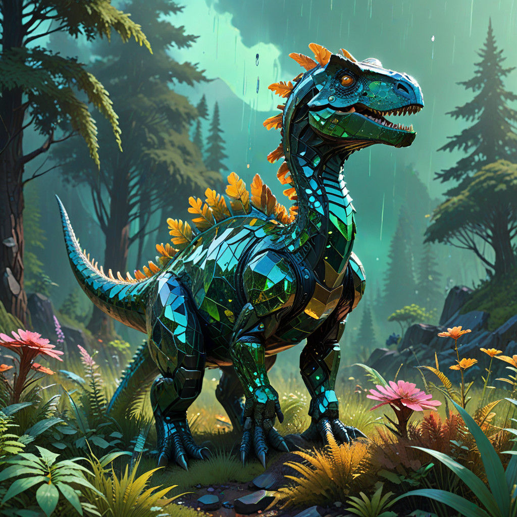 Luminous Gemstone Dinosaur in a Mystical Meadow