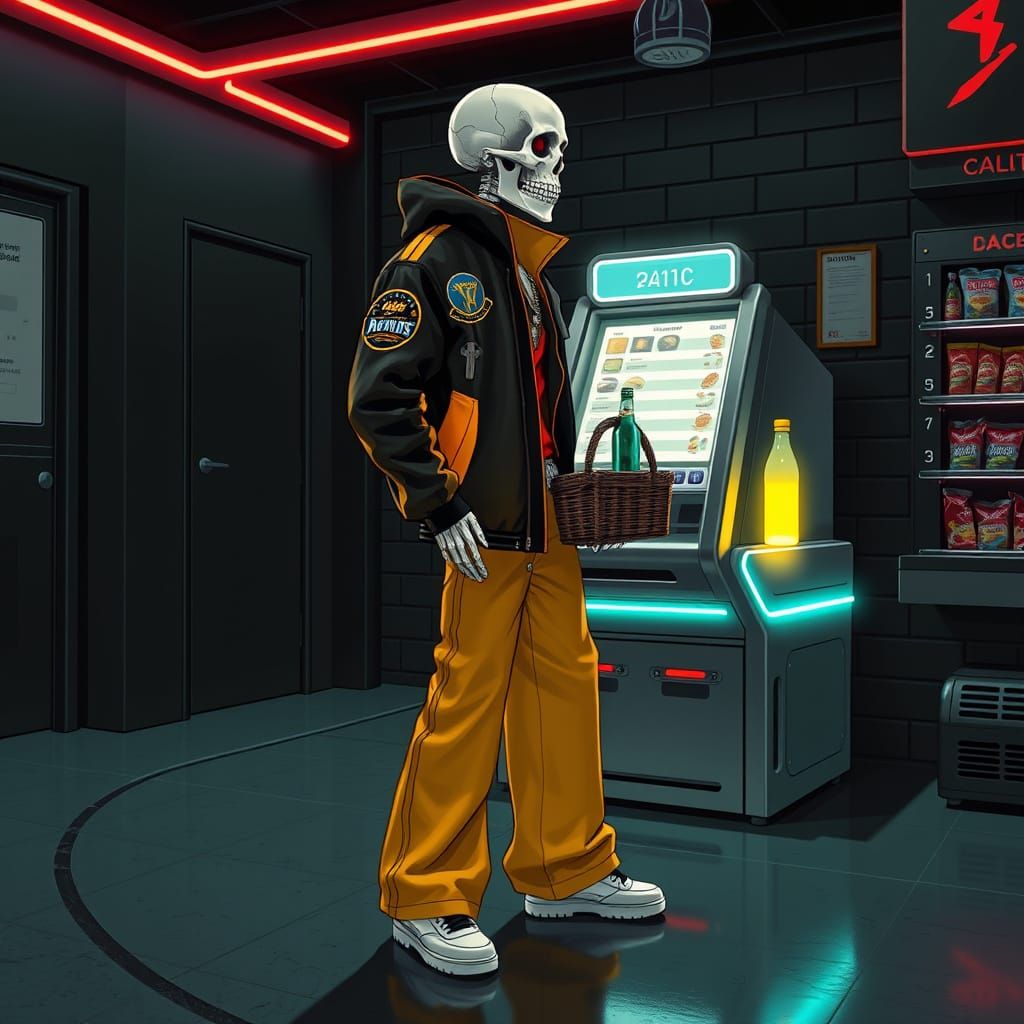 Skeleton at Retro Register in Dystopian Cityscape