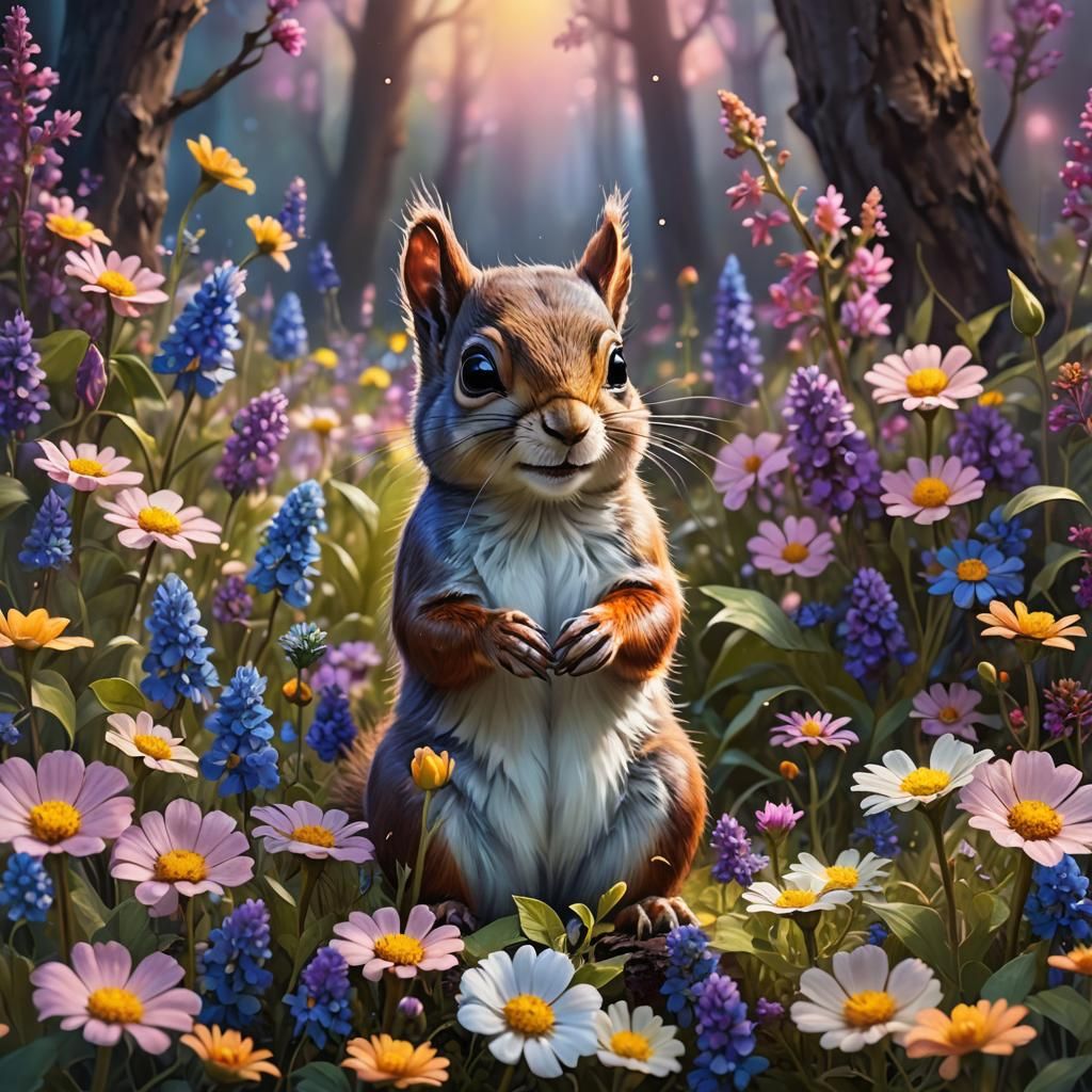 Miniature Squirrel in Glowing Sunflower Fantasy Art
