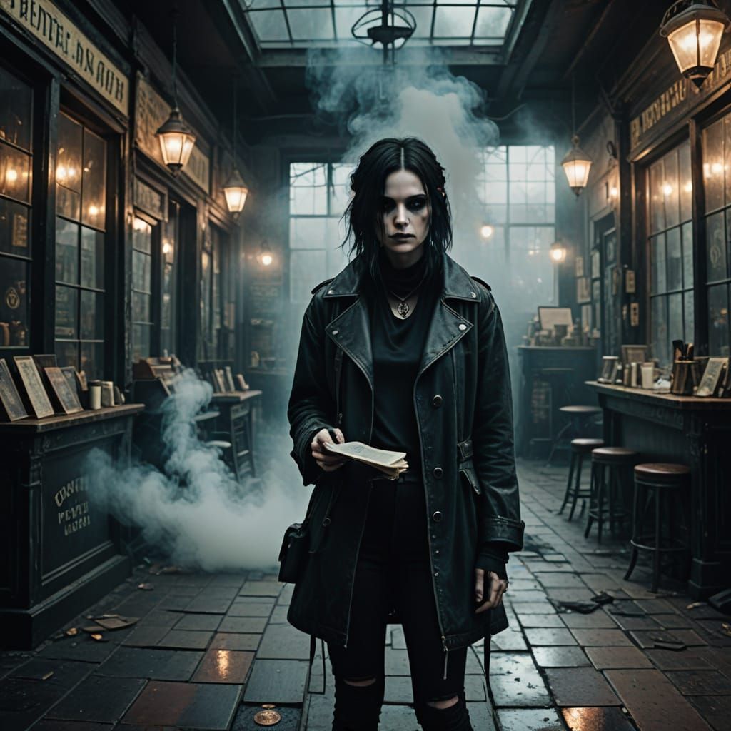 Goth Model in Futuristic Coffee Shop with Neon Lights