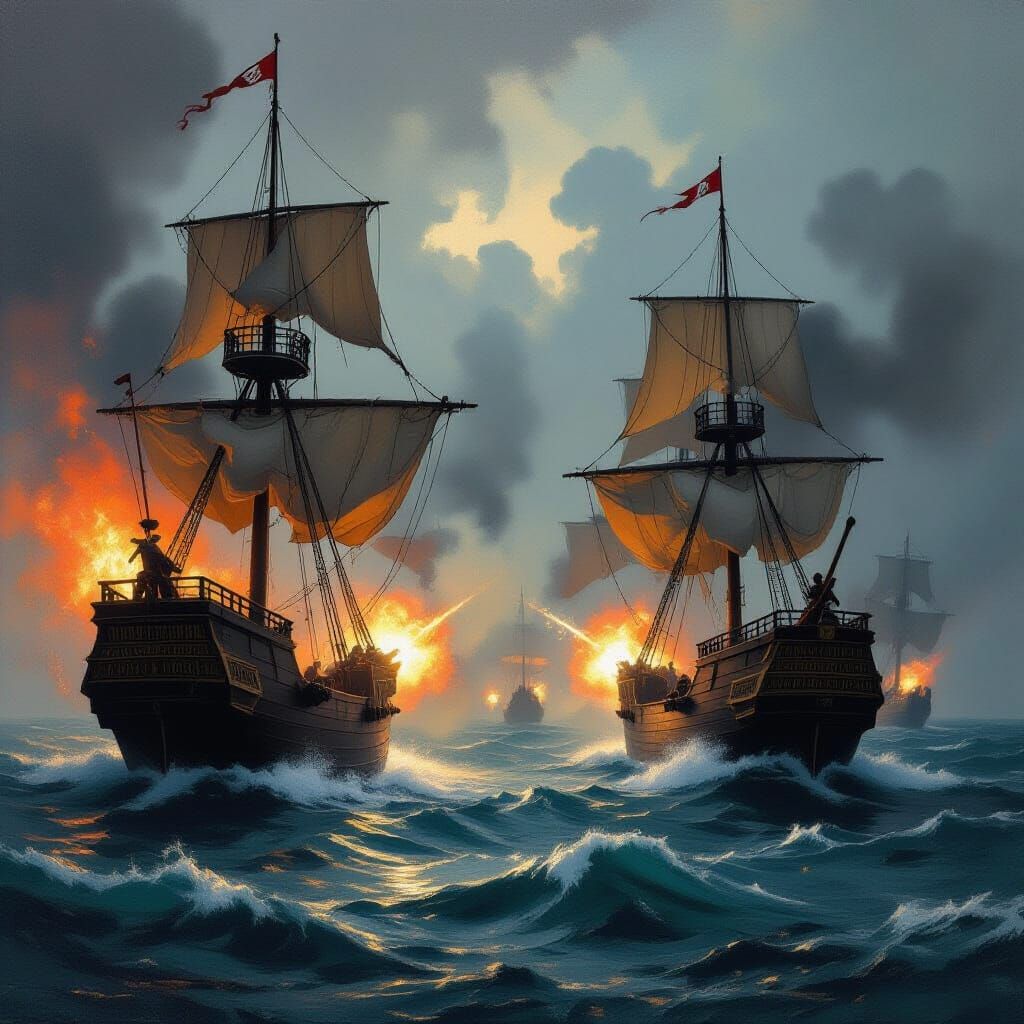 Pirate Ships Clash in Fiery Naval Battle