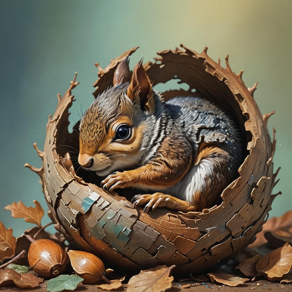 Baby Squirrel Sleeping in Acorn, Hyperrealistic Fantasy