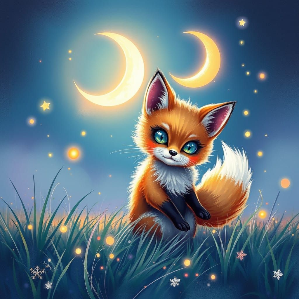 Whimsical Fox Chases Fireflies Under Glowing Moon