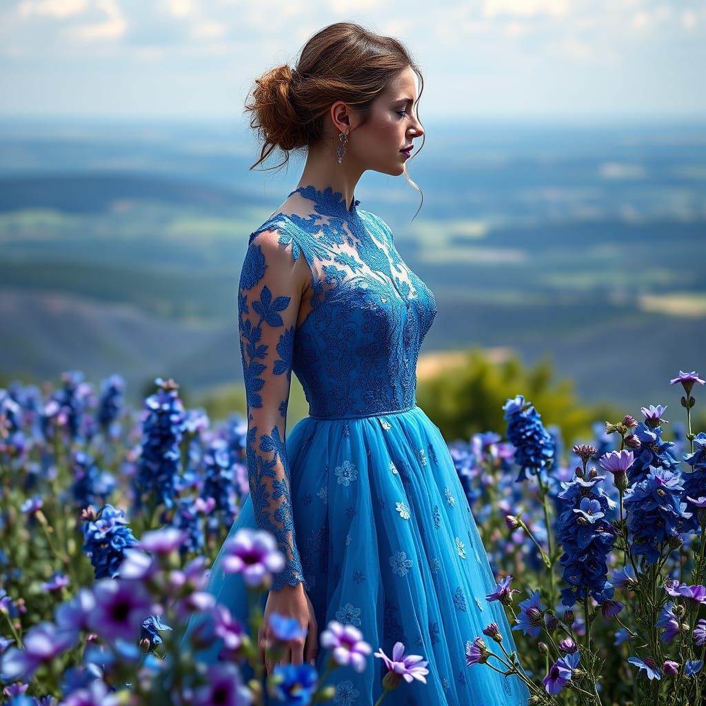 Sapphire Woman in Blue Landscape, Painterly Style