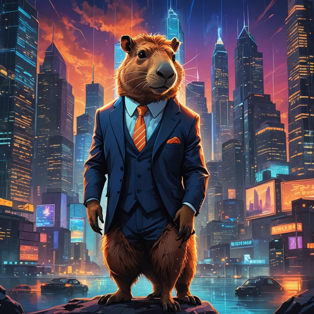 Business Capybara in Futuristic Cityscape