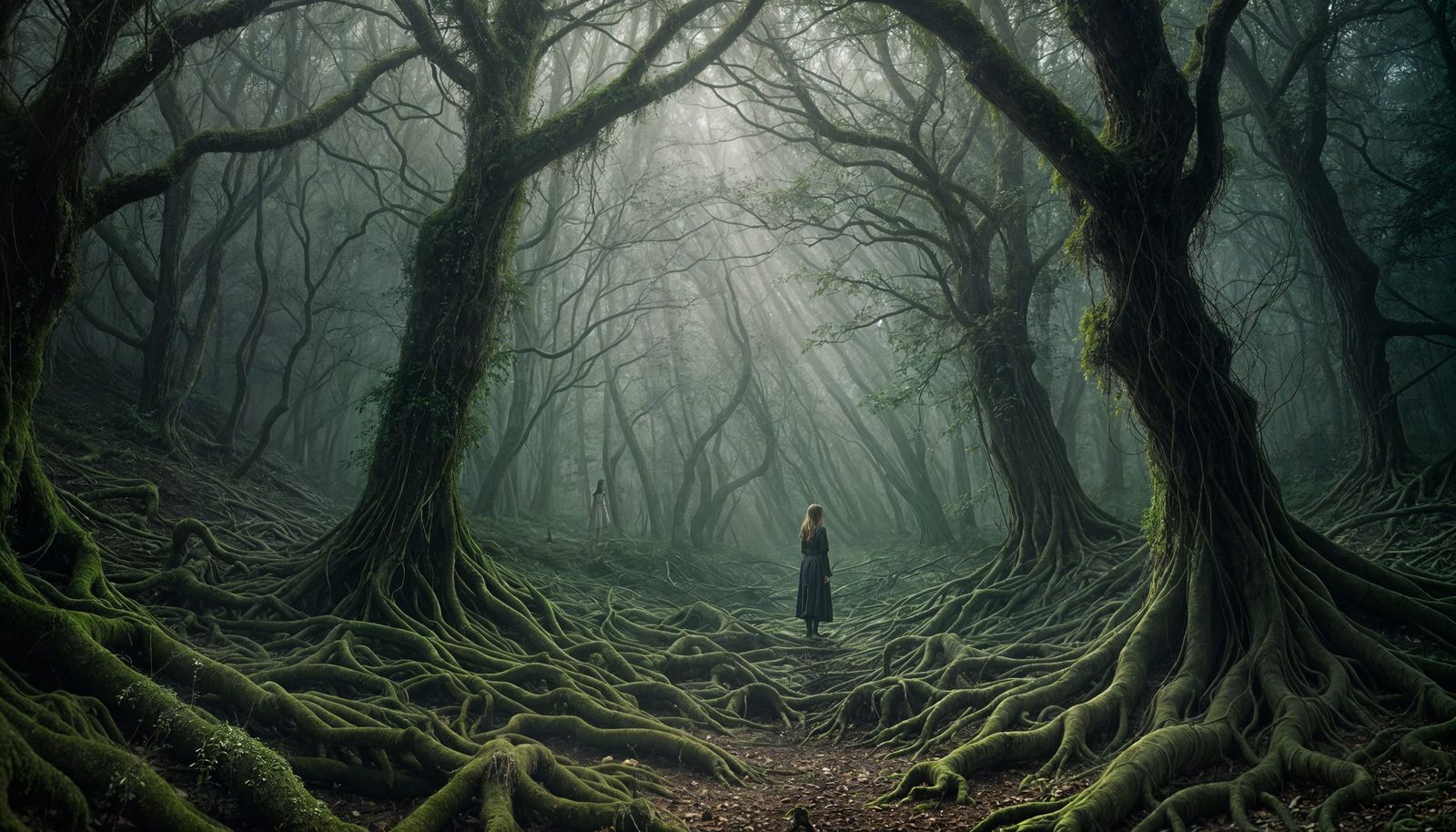 Surreal Realism of a Woman Among Glowing Roots in a Biolumin...