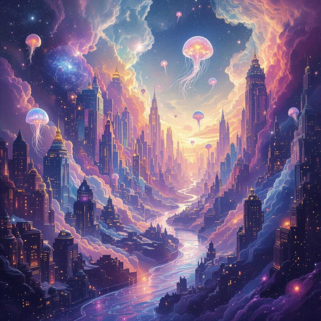 Dreamlike Cosmic Cityscape of Nebulae and Starlight