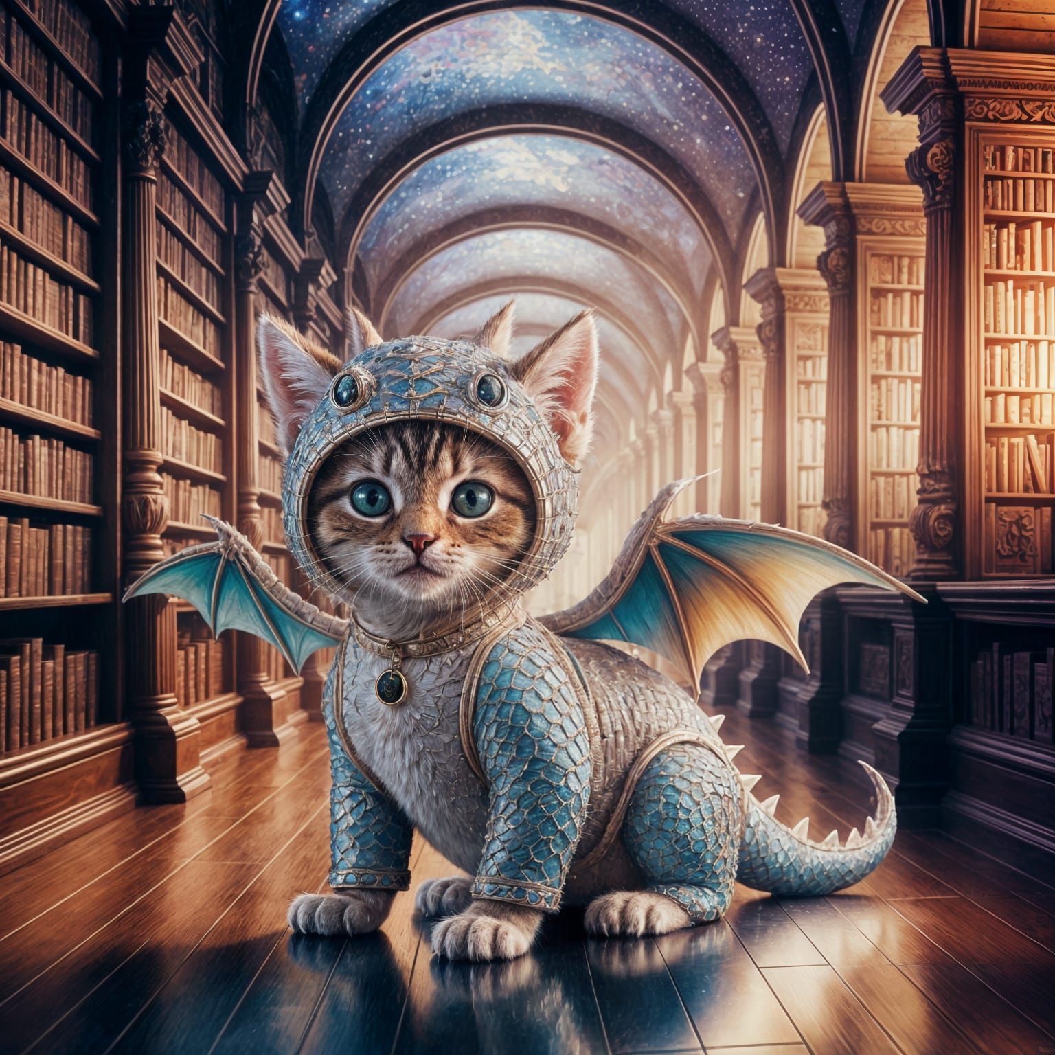 Kitten in Dragon Suit: Impressionistic Oil Painting