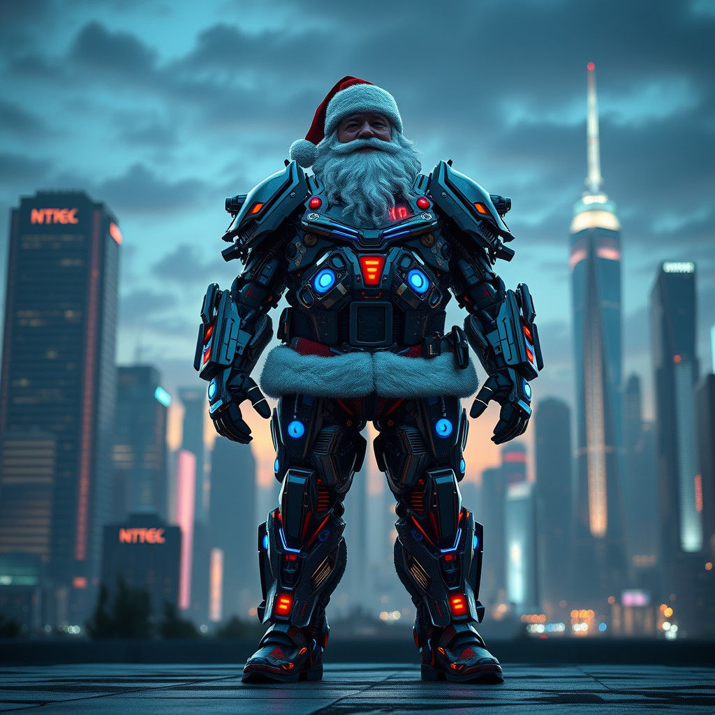 Futuristic Santa Claus in Metallic Exosuit