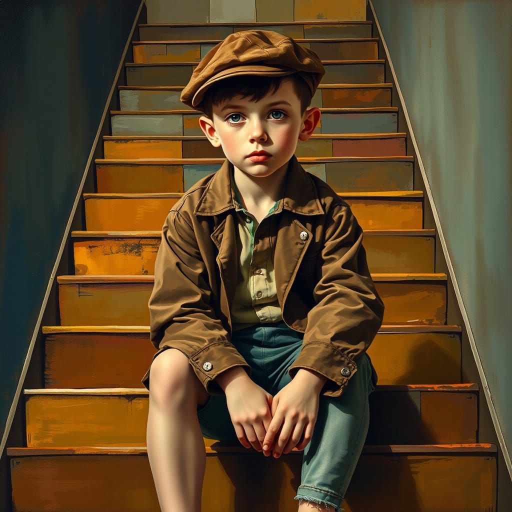 Cubist Boy on Fragmented Staircase in Vibrant Golden Hues