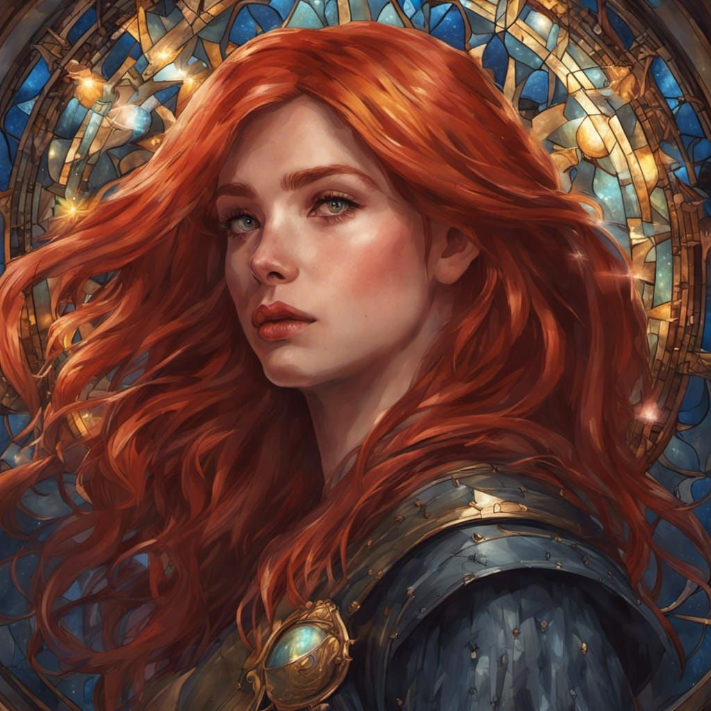 Red-Haired Girl Portrait with Stained Glass in Digital Art