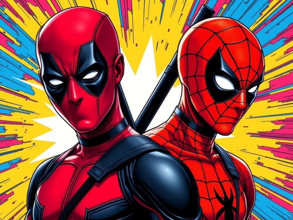 Deadpool and Spiderman in Bold Pop Art Comic Style