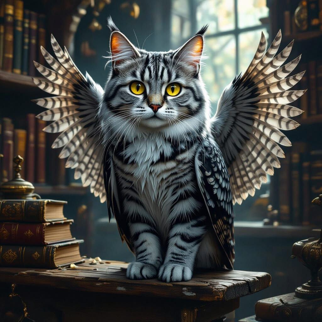 Hyperrealistic Cat-Owl Hybrid in a Wizard's Study