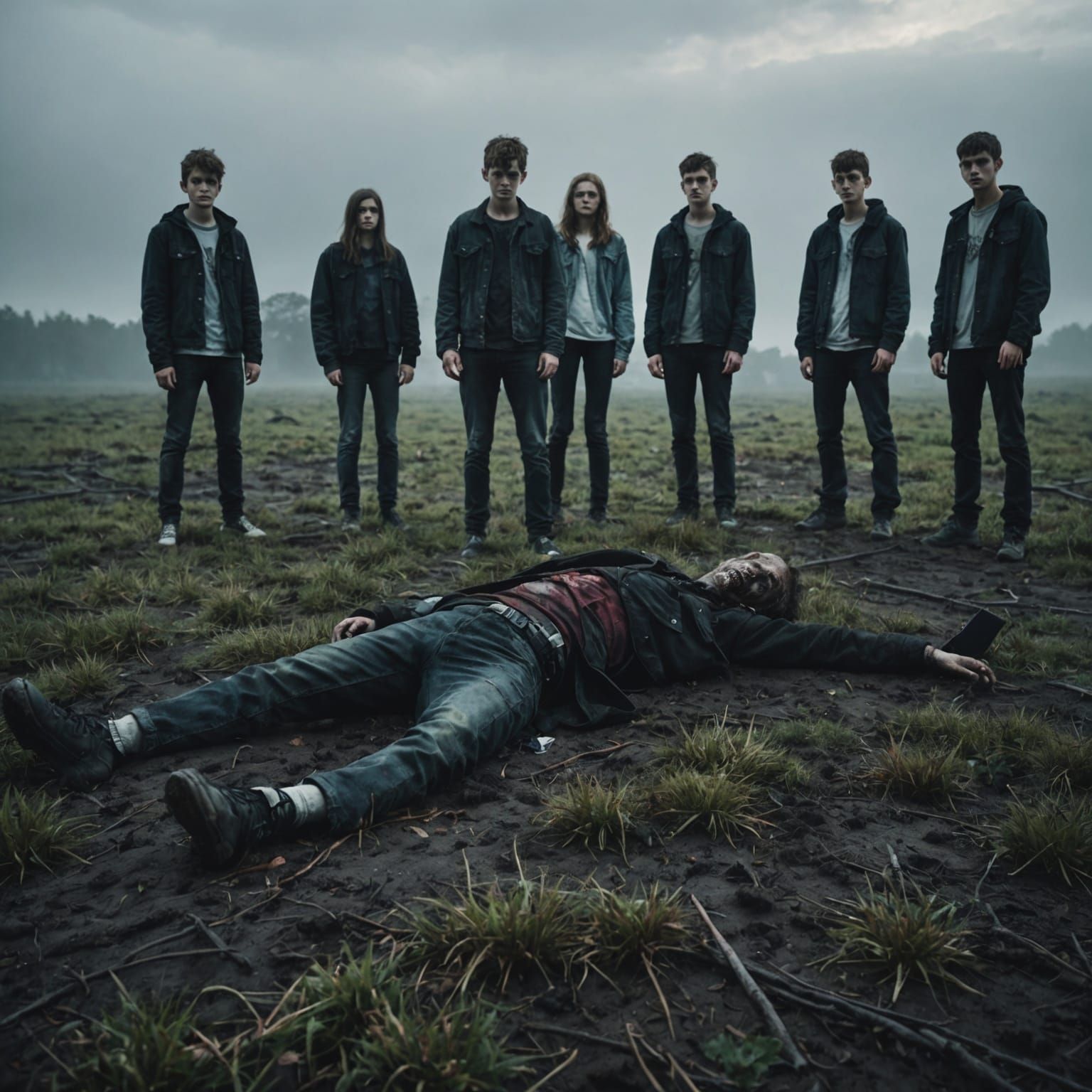 Zombie in Misty Field with Teenagers