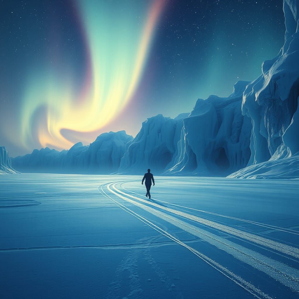 Ethereal Ice Skater in a Fantastical Aurora Borealis Landsca...