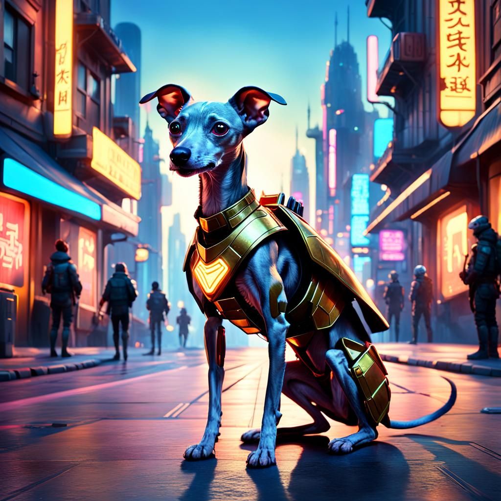 Armored Greyhound in Futuristic Cityscape, Anime Style