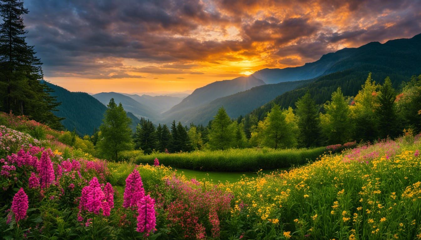 Spectacular Mountain Landscape with Waterfalls and Cabin