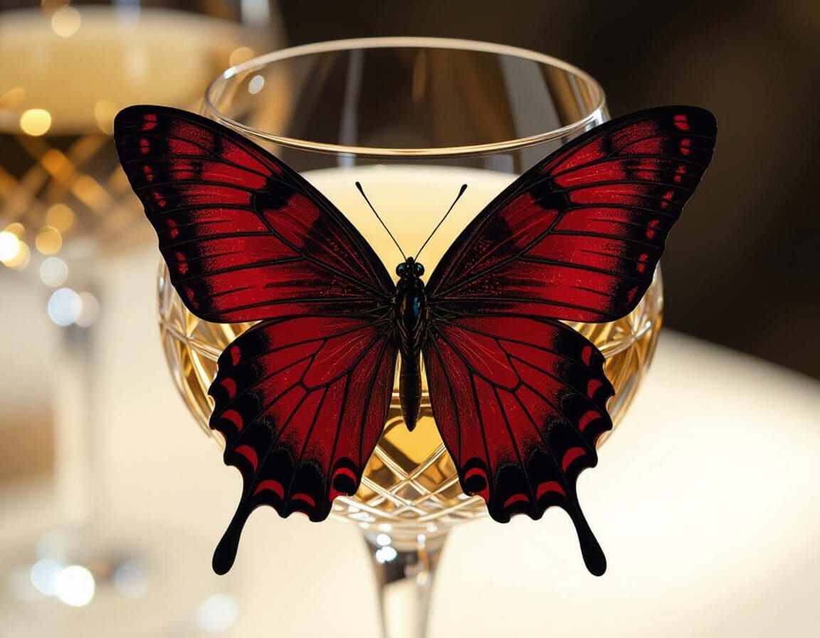 Crimson Butterfly on Golden Wine Glass
