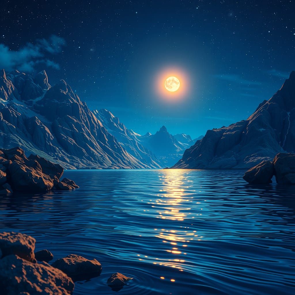 Mountain Lake at Night in Pointillism Style