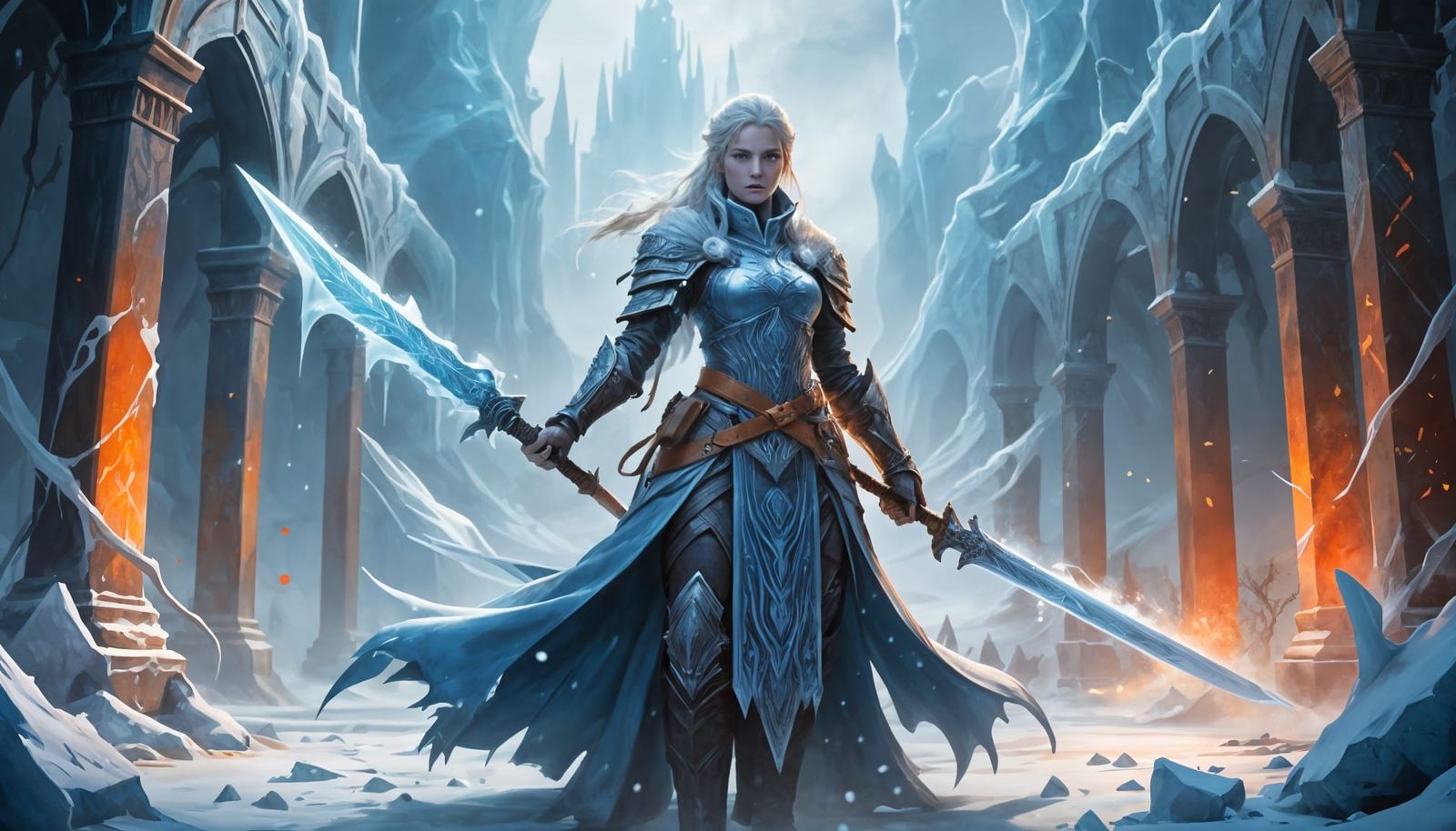 Ice Sorceress Wielding a Frost Sword in Battle Arena