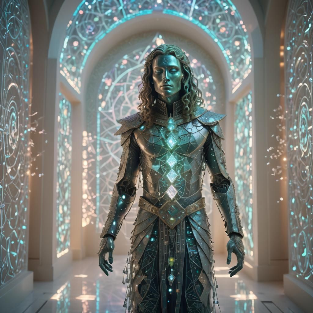 Crystal Humanoid in Sacred Hallway: Surreal Neon Art