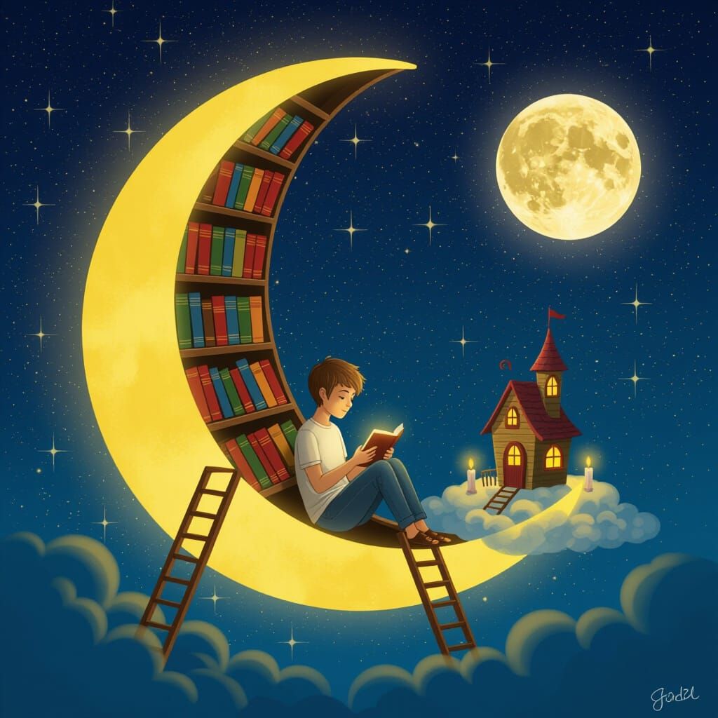 Fantasy Crescent Moon Bookshelf in Digital Art