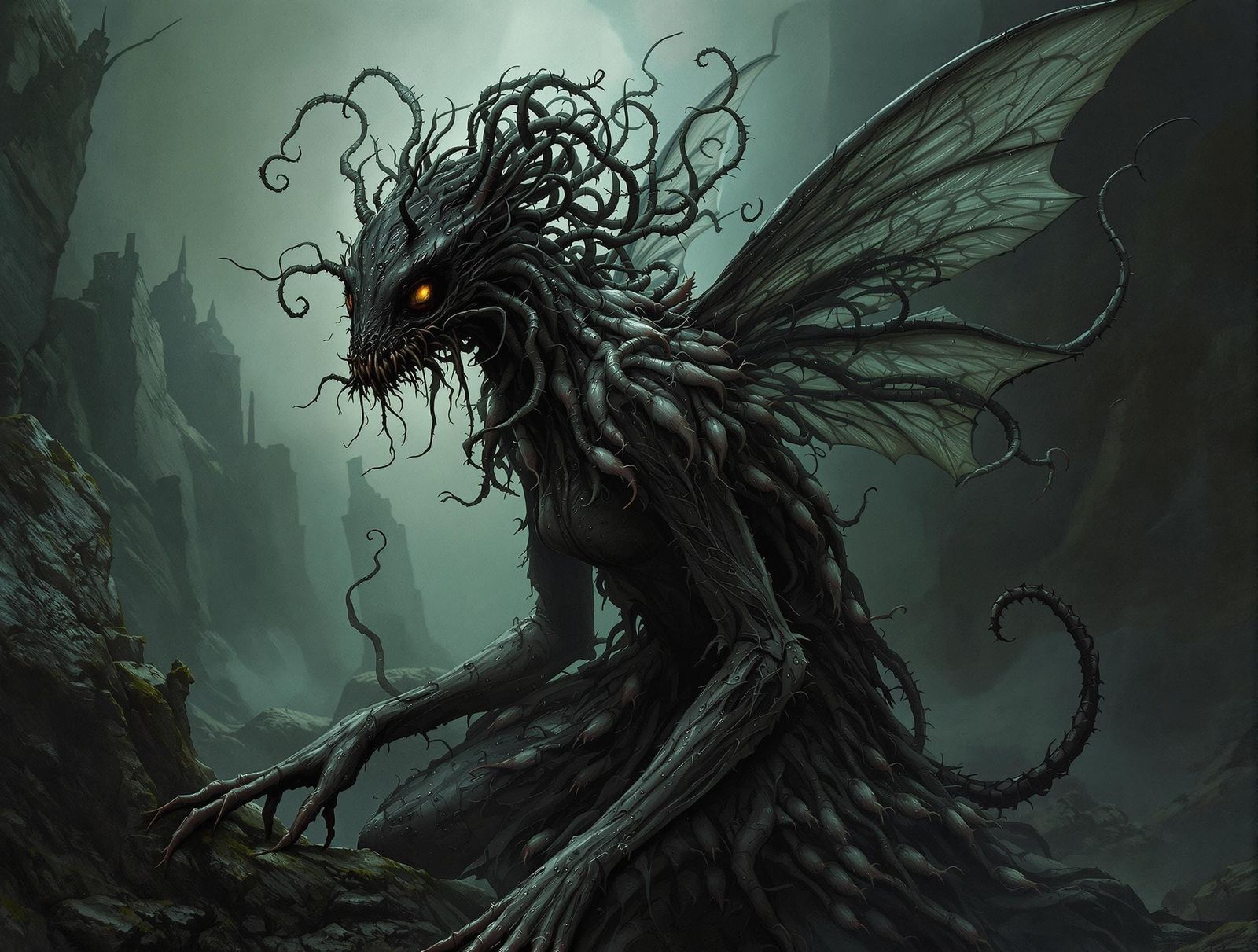 Ominous Fairy of Diseased Rats in Dark Surreal Style