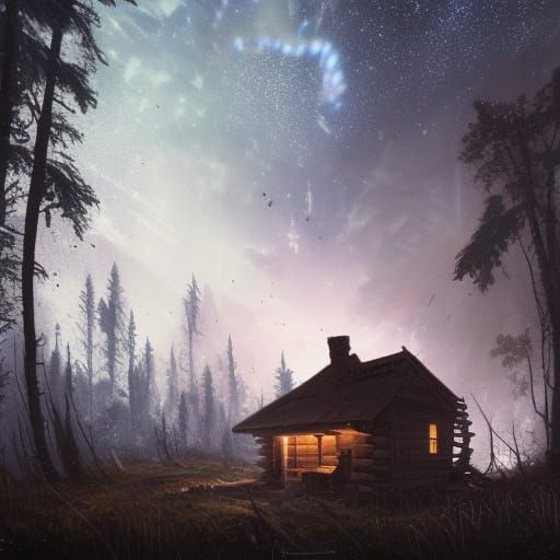Abandoned Cabin Under Starscape in Dark Fantasy Style