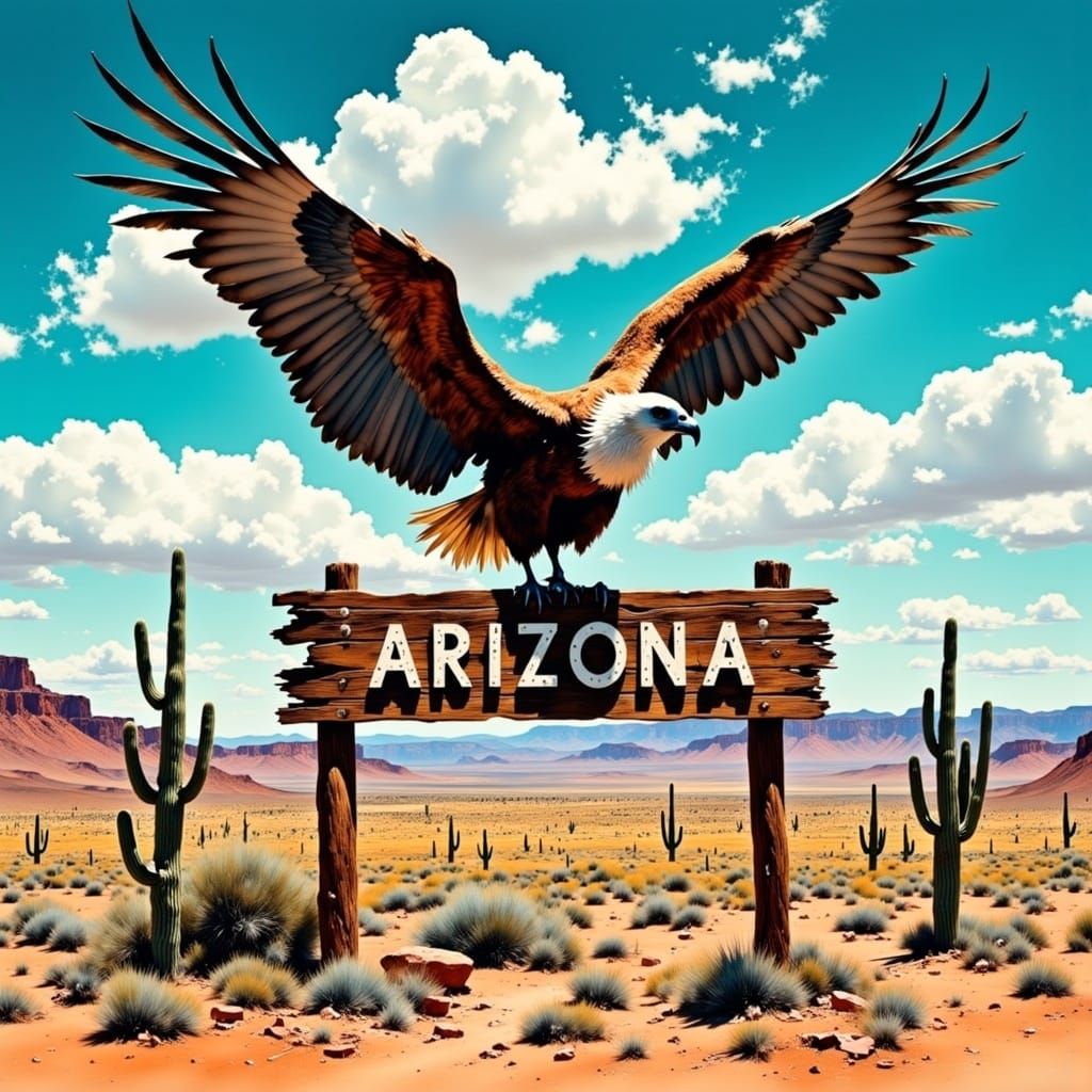 Vulture on Arizona Sign in Desert Landscape