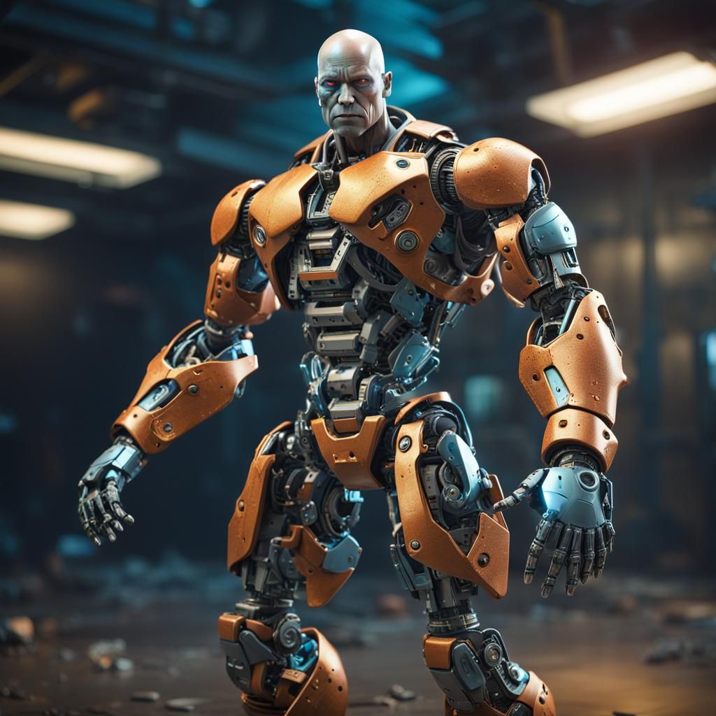 Broken Robot Bodybuilder with Visible Circuitry