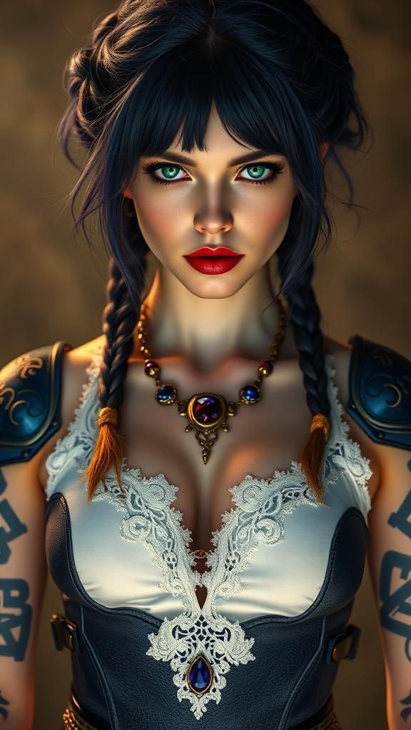 Vampire Woman in Gothic Attire with Sapphire Necklace