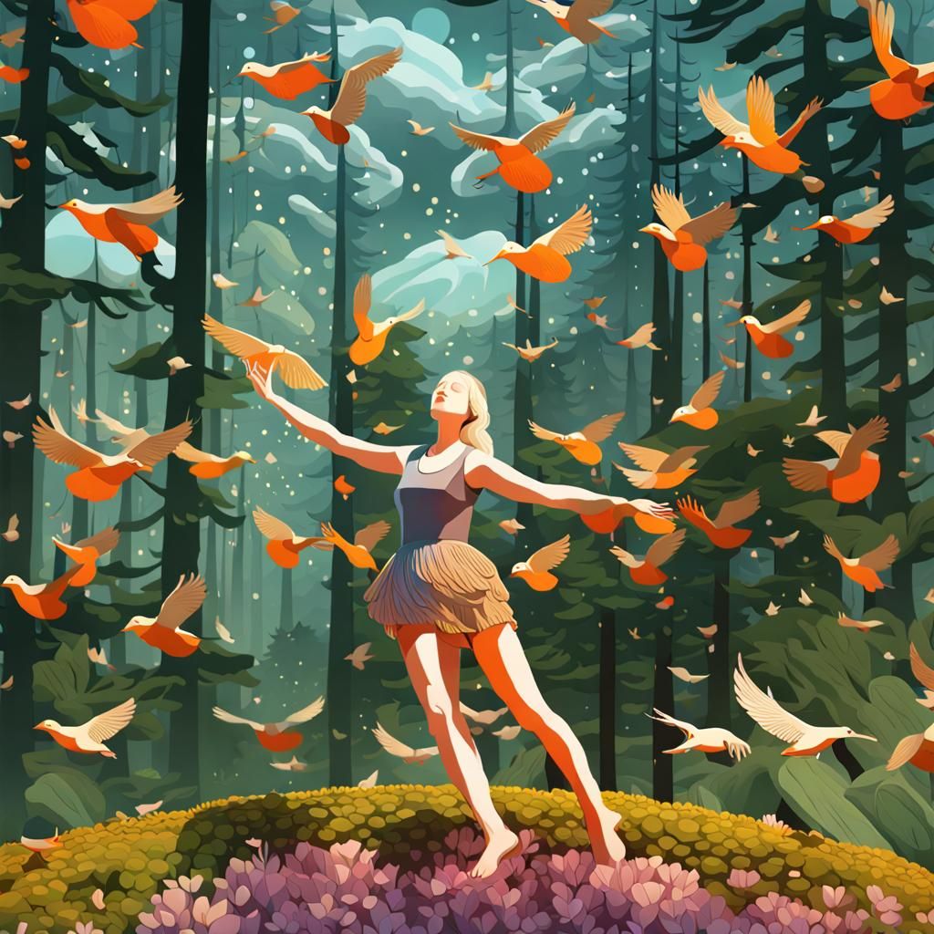 Woman Dancing with Birds in Flower Network
