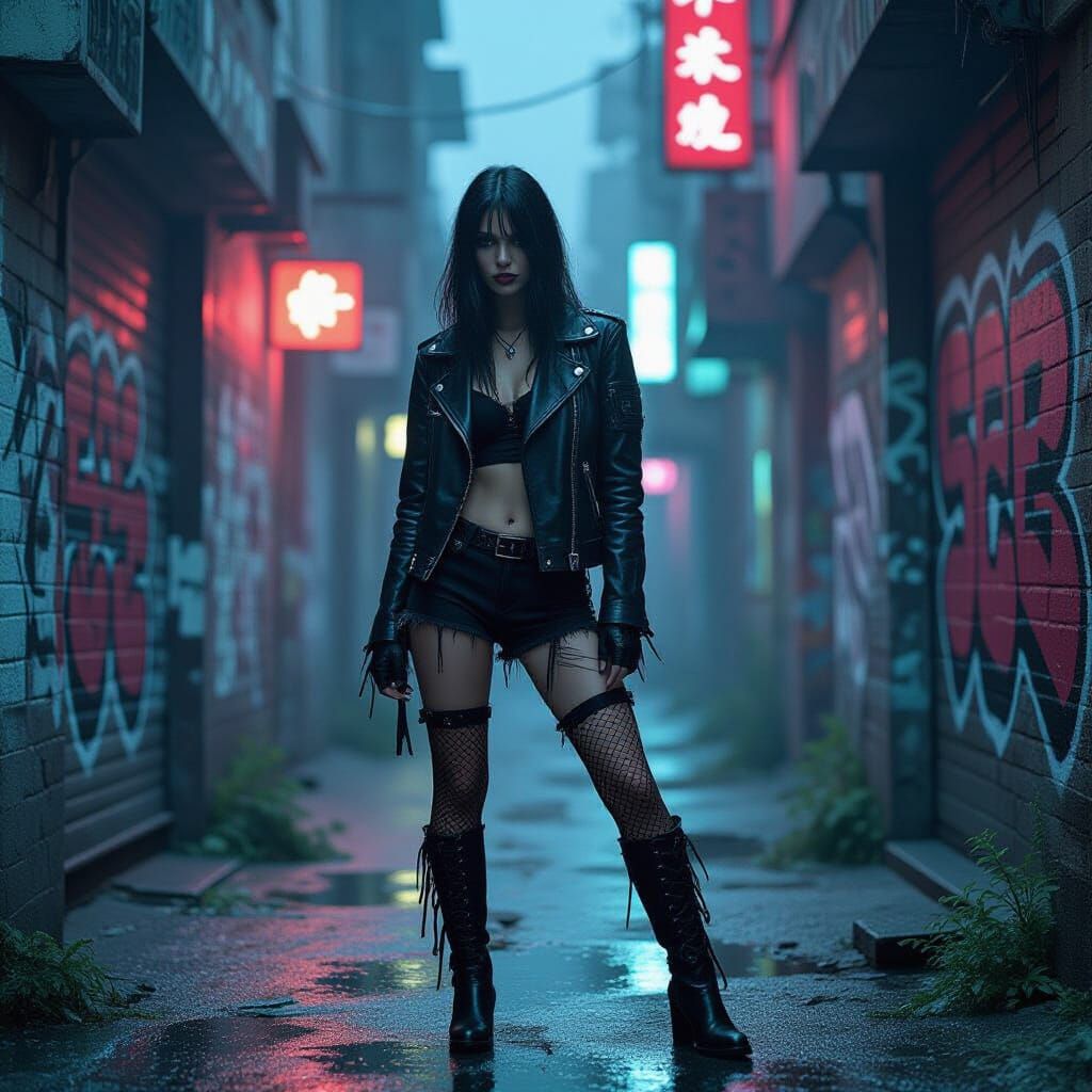 Goth Model in Decaying Cyberpunk Alleyway