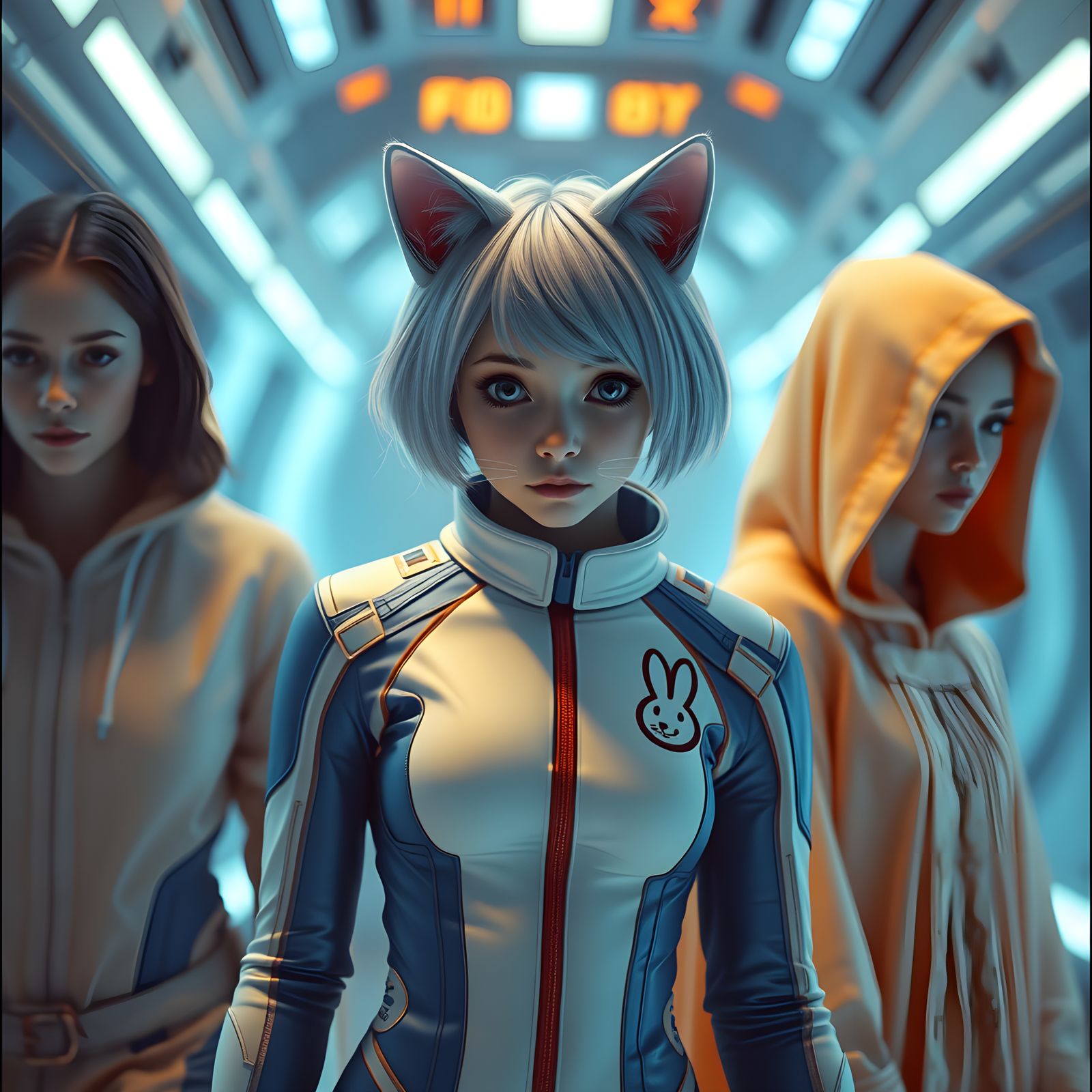 Futuristic Catgirl and Hooded Figure in Blue Light
