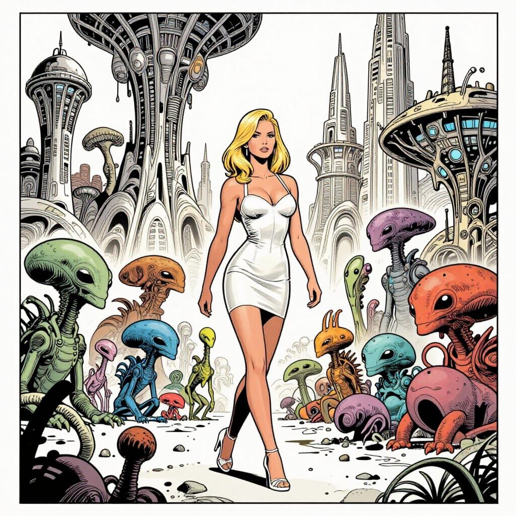 Alien City Exploration in Ligne Claire Comic Style