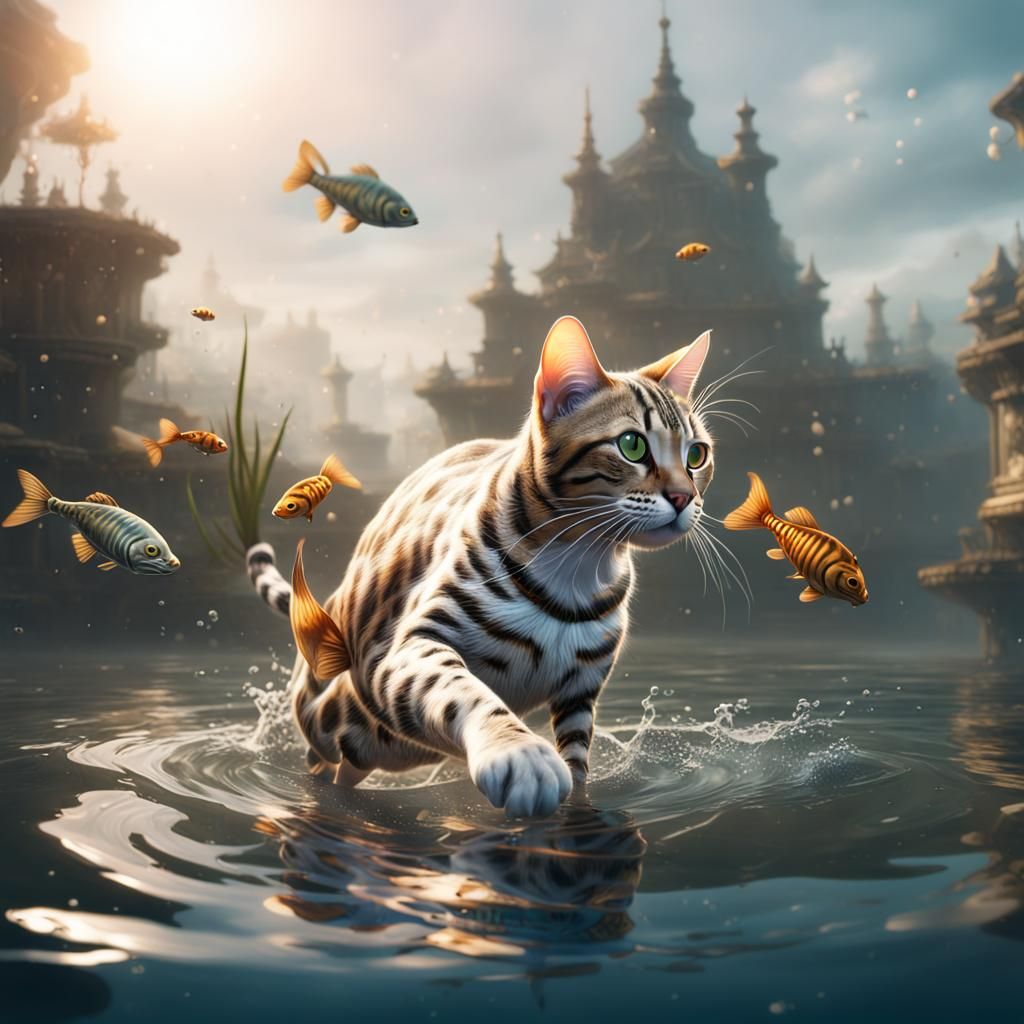 Bengal Cat Swimming with Fish in Detailed Painting