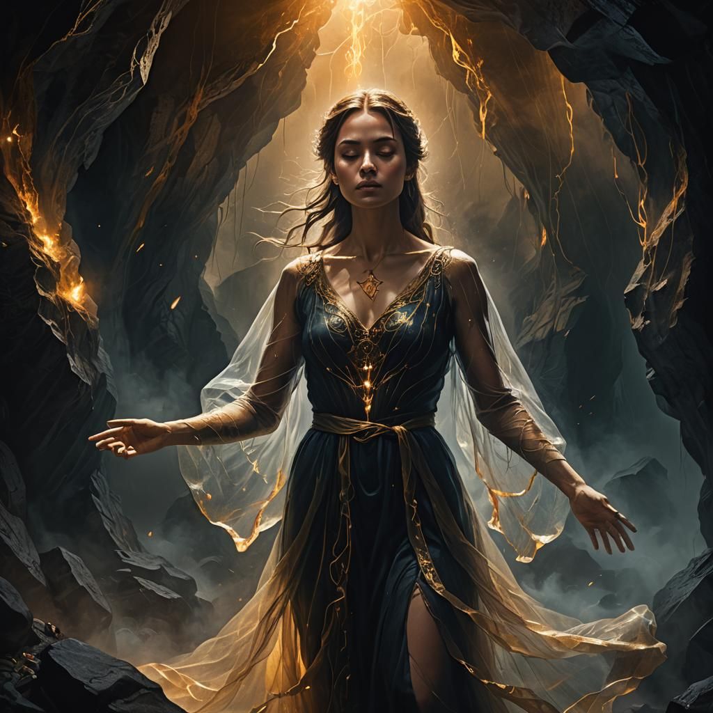 Mystical Woman Summoning Magic in Midnight Cave