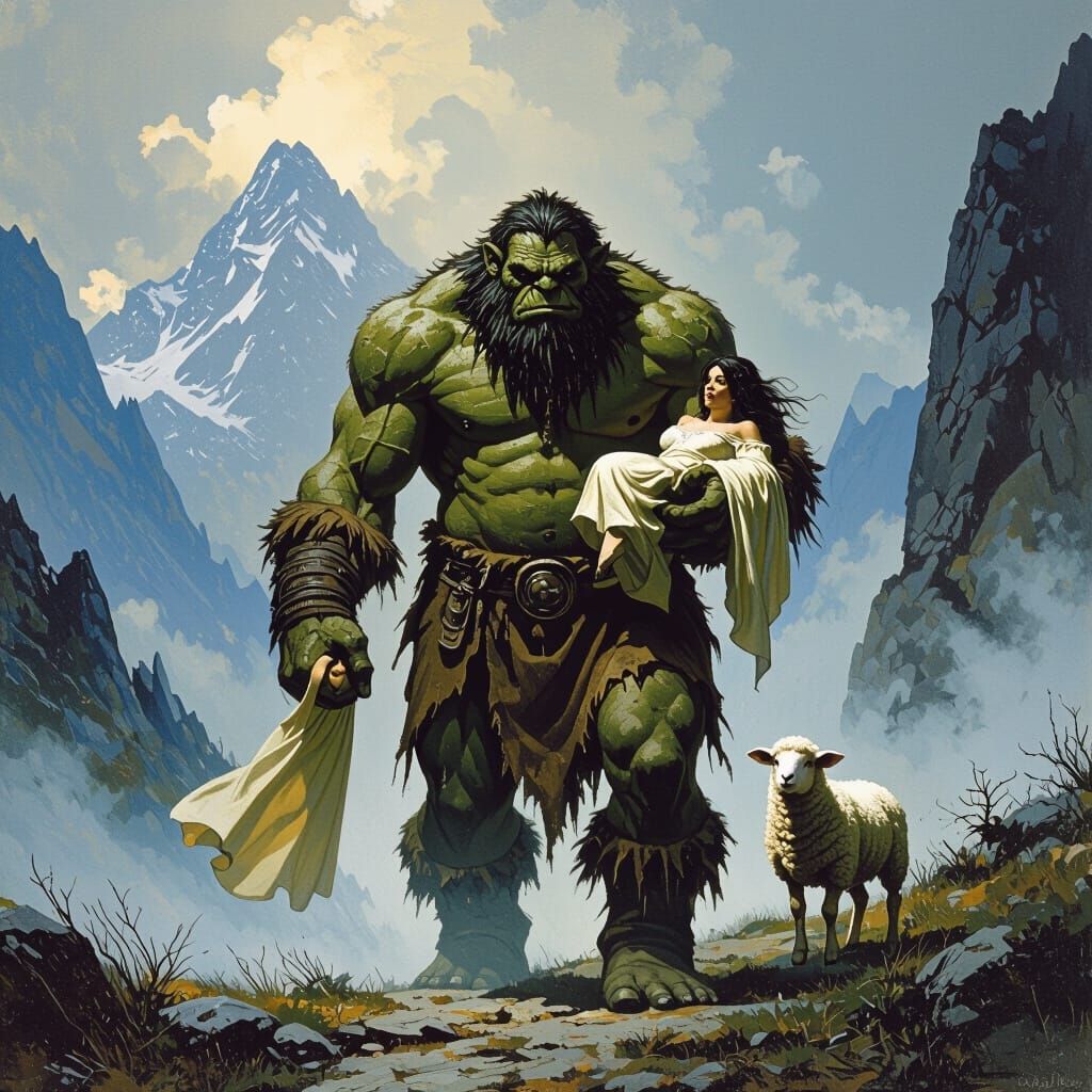 Ogre Giant Abducts Woman and Lamb, Fantasy Art