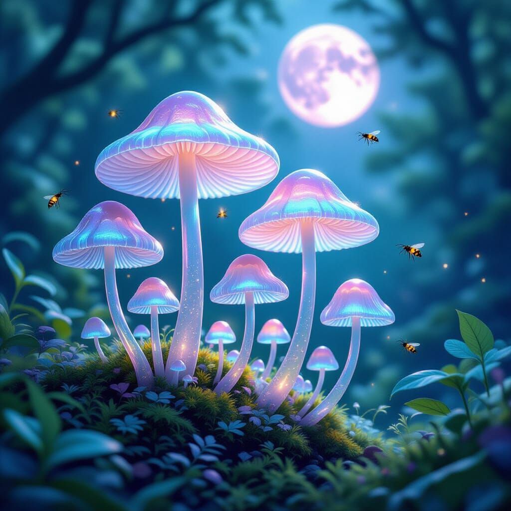 Iridescent Water Mushrooms in Magical Forest Clearing