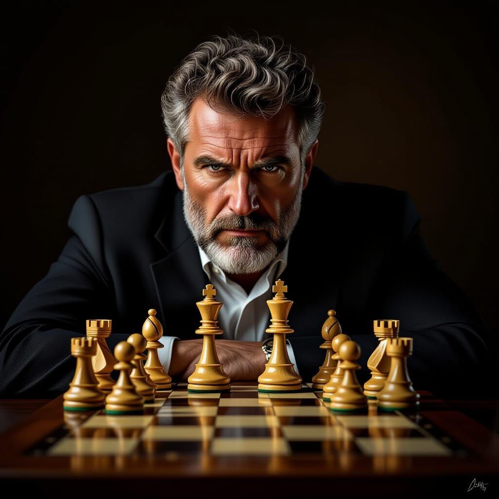 Chess Game with Kasparov's Head in Dramatic Light