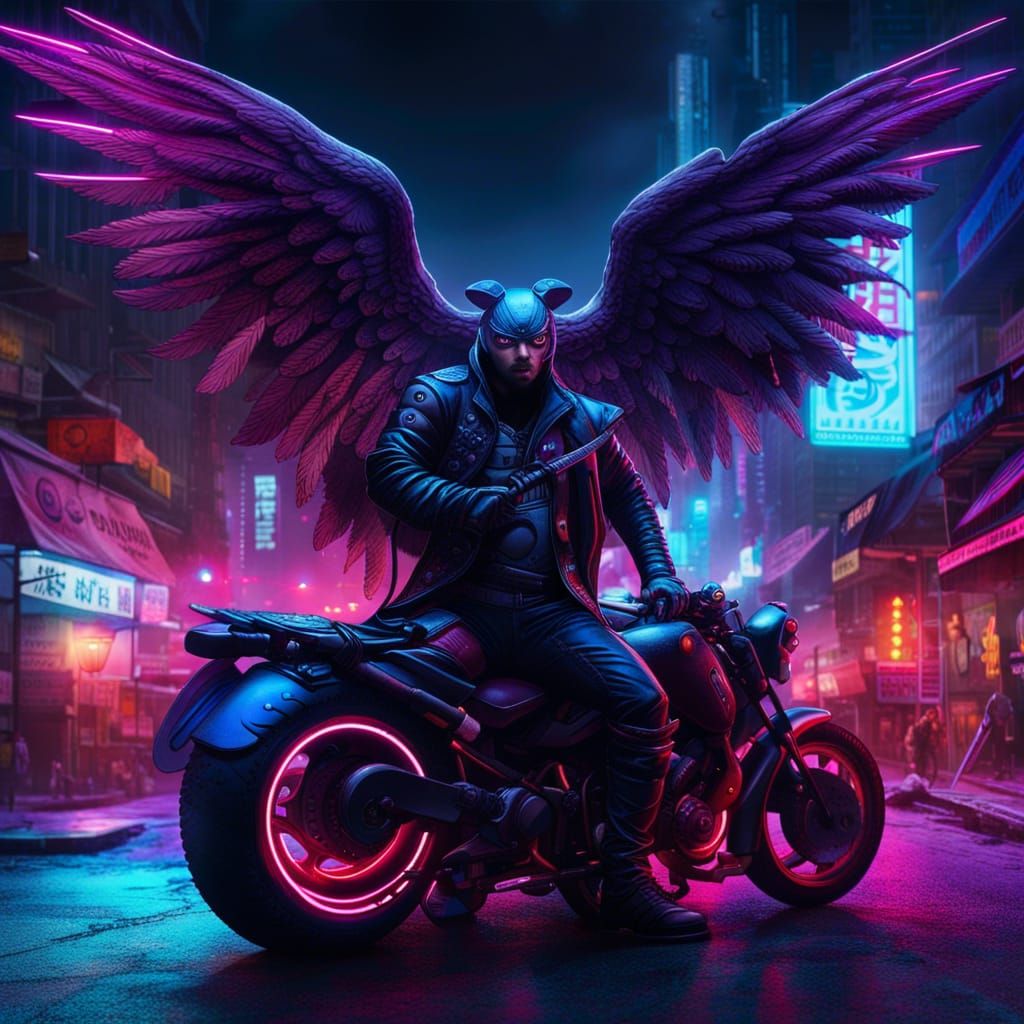 Angel of Death Superhero in Neon Cityscape