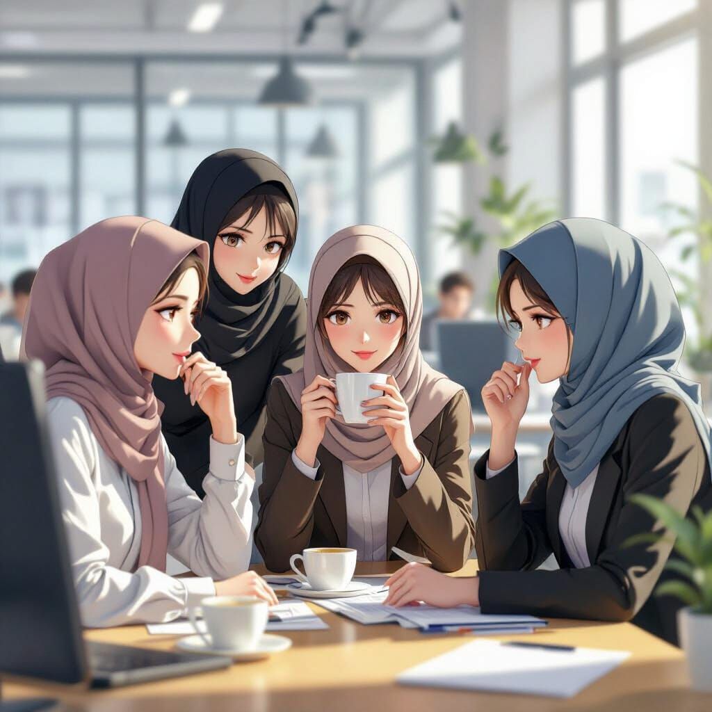 Anime Professionals Collaborate in Office with Hijab