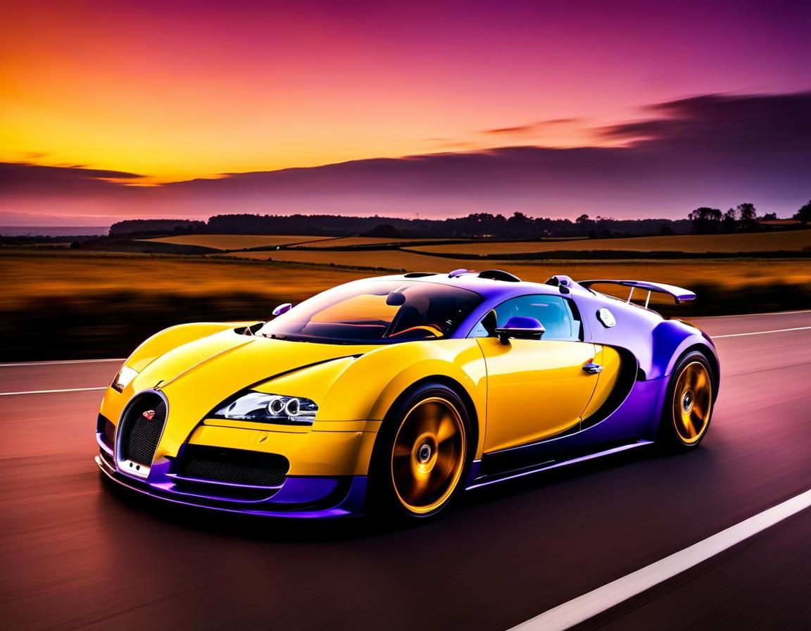 Bugatti veyron in yellow and purple racing, closeview sidevi...